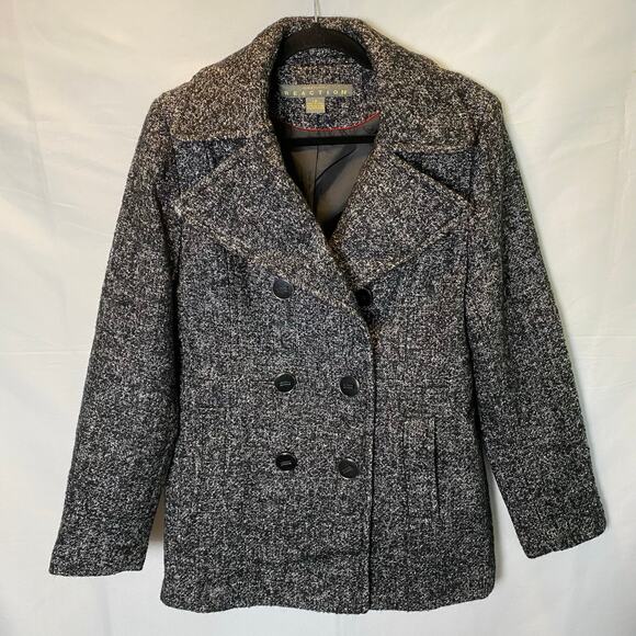 Kenneth Cole Reaction Women’s Tweed Double Breasted Pea Coat Large Black Jacket - Picture 1 of 13